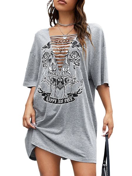 

letter & skeleton print ladder cut drop shoulder dress l2vx#, Black;gray