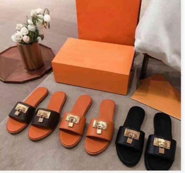 

it lock leather designer slippers white color fashion women sandals horse brand with box lady dust bag mini flat shoes euro size35-41 k9o6, Black