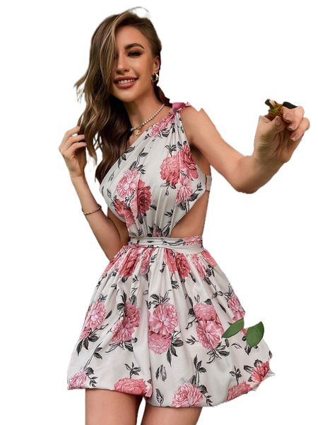 

floral print one shoulder cut out dress a3xw#, Black;gray
