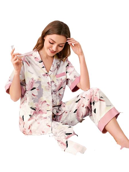 

floral print lapel collar pj set j3x3#, Black;red