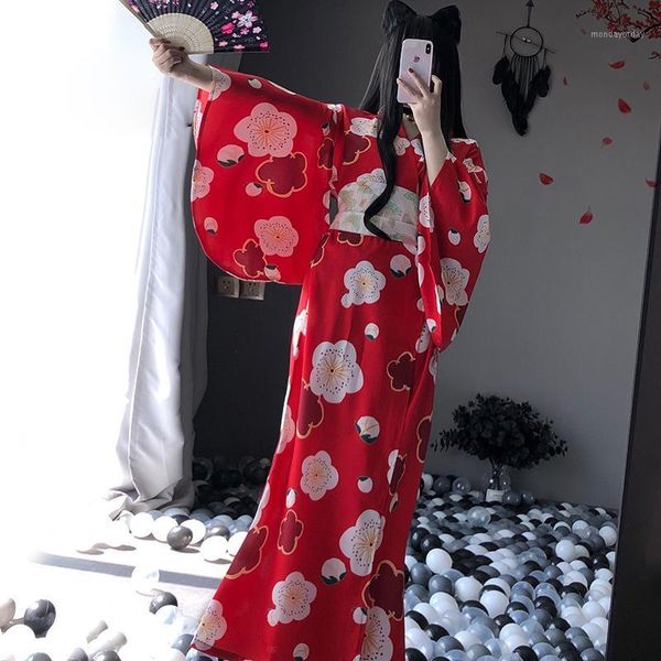 Abbigliamento etnico Abito Kimono giapponese sexy per donna Cardigan stampato floreale Yukata Abbigliamento da notte Obi asiatico tradizionale Geisha Robe Vintage Clot