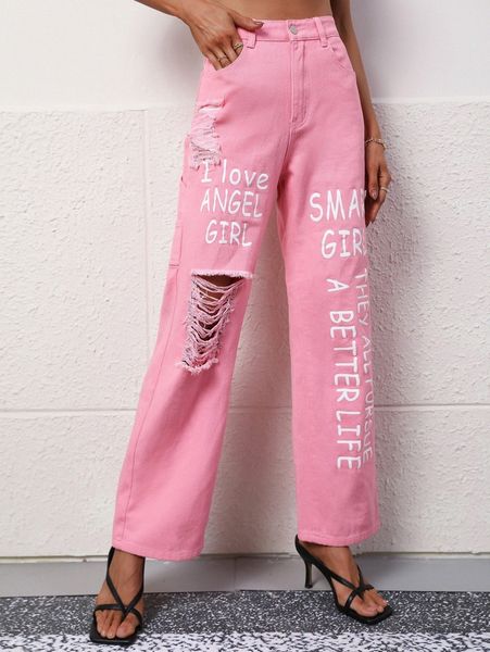 

high waist slogan graphic ripped jeans c0ms#, Blue