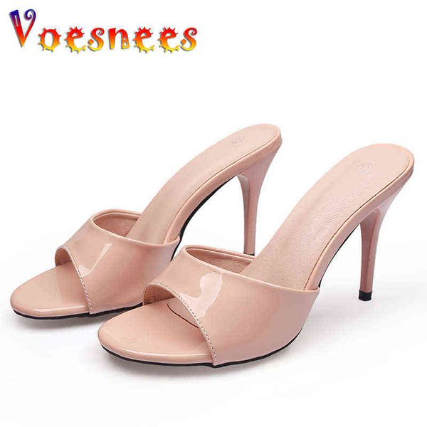 Sandalen 2022 Neue Frauen Nude Farbe Hausschuhe Maultier High Heels Hausschuhe Sandalen Sexy Täglich 9cm Beige Spitz-Tehe Folien Party Schuhe Y220409