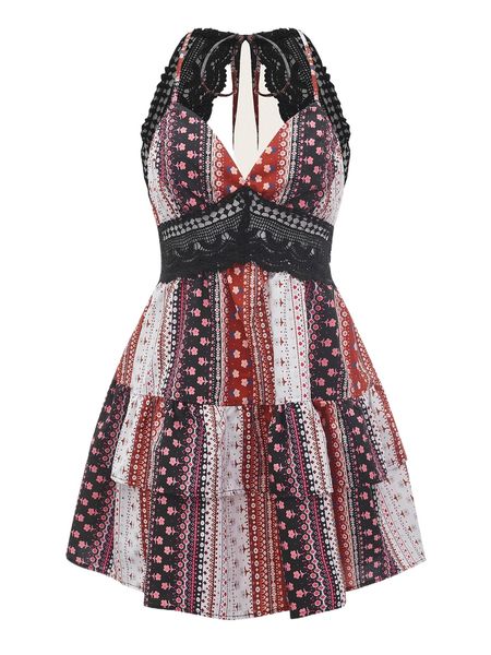 

ditsy floral contrast guipure lace tiered layer halter dress h2hz#, Black;gray