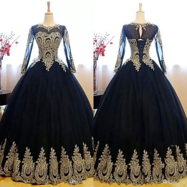 

2022 elegant black gold lace ball gown quinceanera dresses sheer long sleeves applique beaded sweet 16 year floor length prom party evening, Blue;red