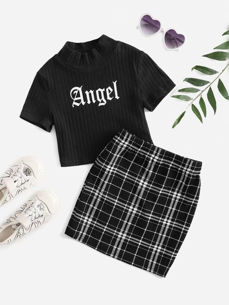 

toddler girls letter graphic mock neck tee & plaid skirt she, White