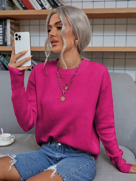 

solid drop shoulder sweater m6uh#, White;black