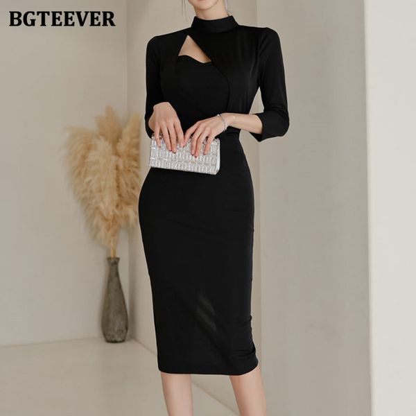 

chic stand collar hollow out women pencil dress elegant ol style slim waist bodycon midi vestidos femme 2021 spring, Black;gray