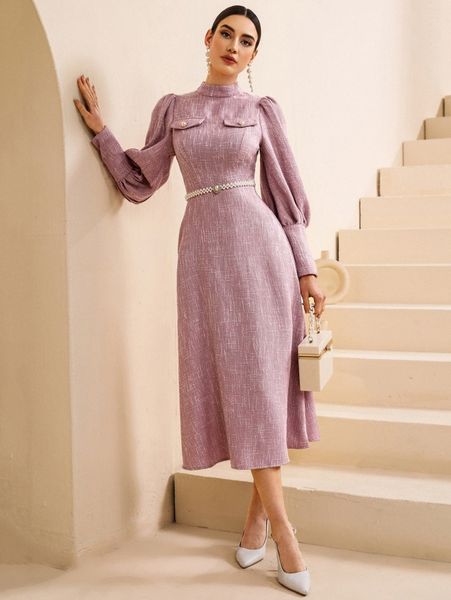 

mock neck flap detail tweed dress with pearls belt 66yp#, Black;gray