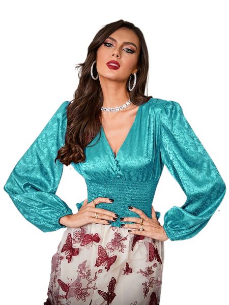 

floral jacquard shirred lantern sleeve satin blouse q2us#, White