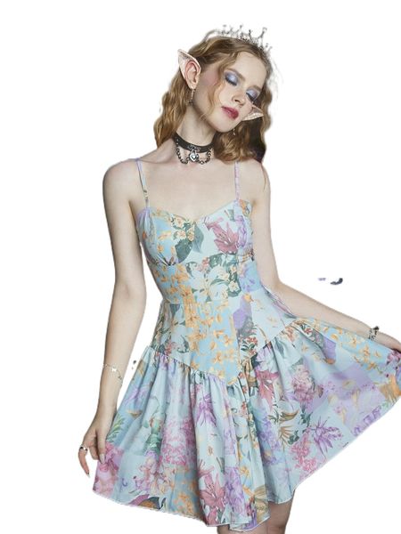 

romwe fairy grunge floral print ruffle hem cami dress t2h1#, Black;gray