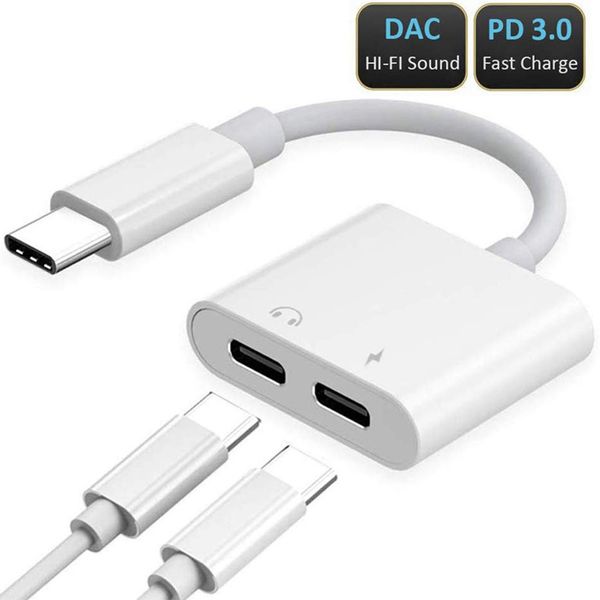 Conector do adaptador de fone de ouvido de fone de ouvido Dual Headphone AUX AUX USB-C para USB-C Conversor de carregamento para Samsung S20 S10 LG