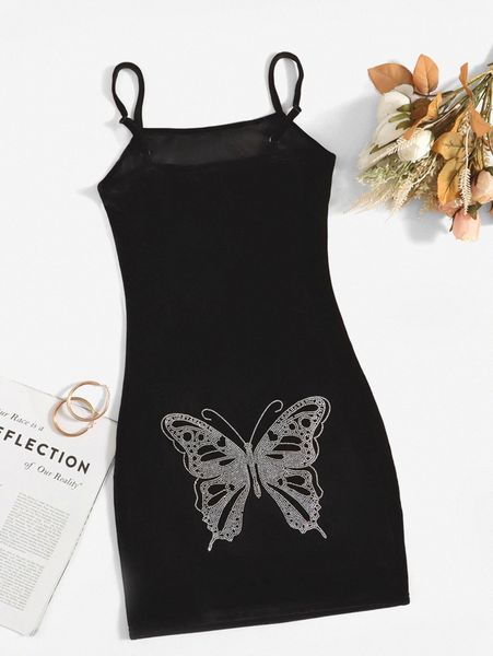 

rhinestone butterfly pattern velvet cami bodycon dress h41y#, Black;gray