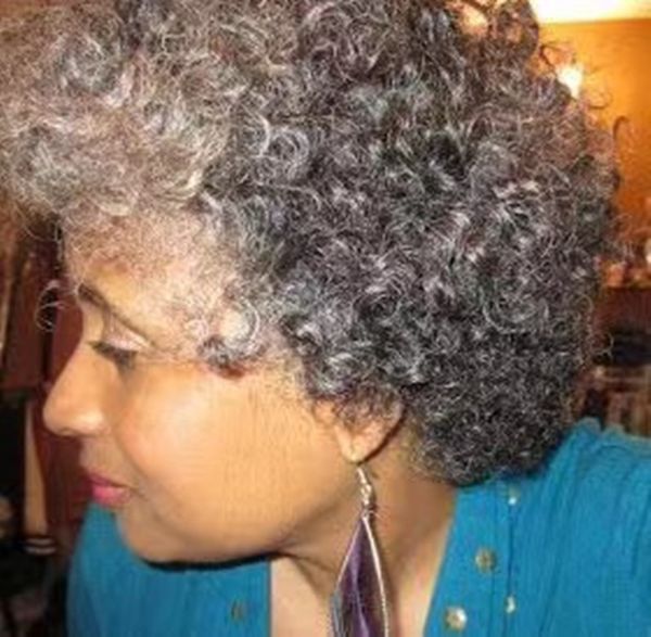 Parrucca di capelli umani crespi grigi naturali crespi sale e pepe grigio argento parrucche afro corte capelli veri ricci morbidi