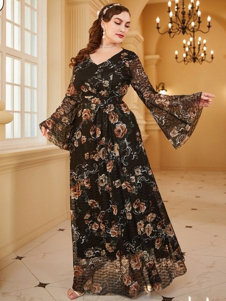 

plus random floral print flounce sleeve lace maxi dress f7n7#, Black