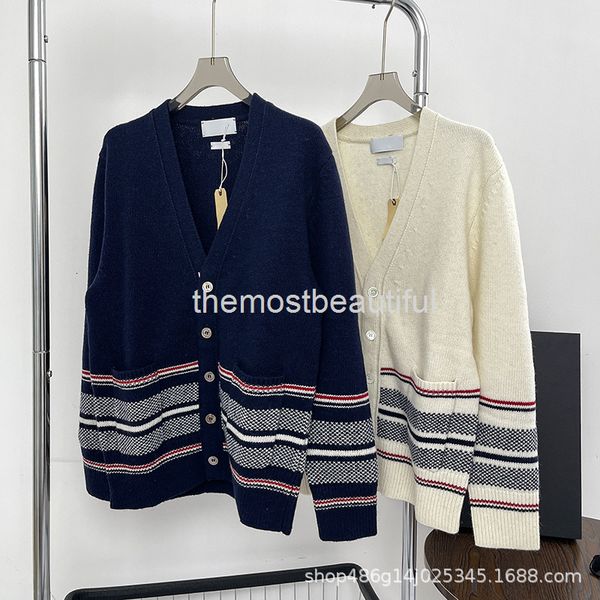 

women's knits & tees tb wool clothing autumn and winter bird eye jacquard sweater couple stripe four bar v-neck breasted long sleeved c, White