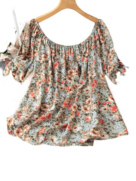 

plus floral print knot cuff blouse 57hv#, Black