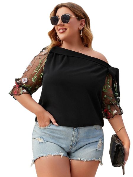 

plus embroidery mesh knotted asymmetric neck tee 40vs#, Black