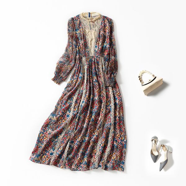 

casual dresses spring stand collar long sleeve lace embroidery printing mulberry silk skirt women's high waist dress zinanyou wzb0, Black;gray