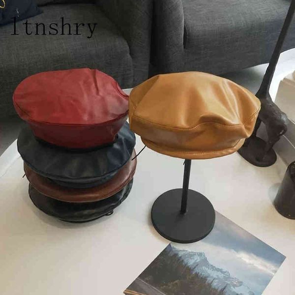

2019 new beret cap fashion women casual pu leather beret hat for women autumn winter retro beanie caps solid color j220722, Blue;gray