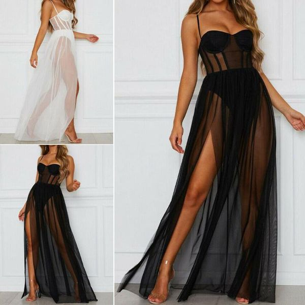 

women's swimwear 2022 summer women mesh sheer sling long dress party club sundress beach casual bikini cover up, White;black