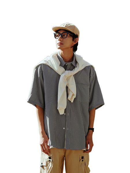 

men 1pc striped patched pocket drop shoulder shirt l8qo#, White;black