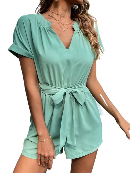 

solid notch neck batwing sleeve belted romper x57j#, Black;white