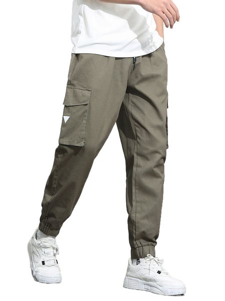 

men patched detail flap pocket side drawstring waist cargo pants i63m#, Black