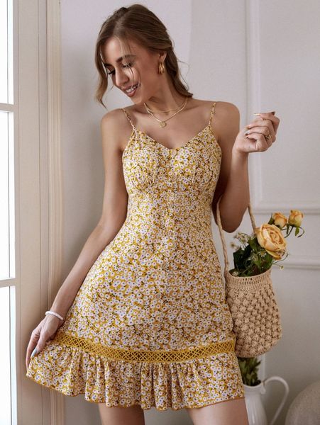 

ditsy floral ruffle hem cami dress q2cp#, Black;gray