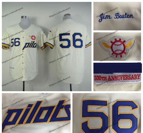 Herren Vintage #56 Jim Bouton Jersey Seattle Pilots Baseball Jerseys Creme genähte Shirts 100. Patch M-XXXL