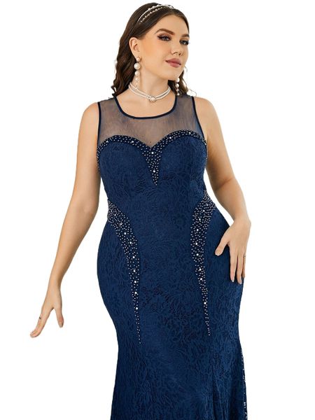 

plus beaded detail contrast mesh mermaid hem lace bridesmaid dress d7zd#, Black
