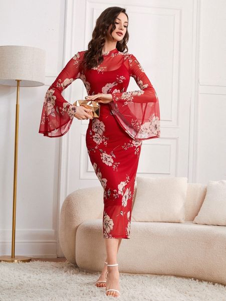 

floral print bell sleeve split back dress g4fo#, Black;gray