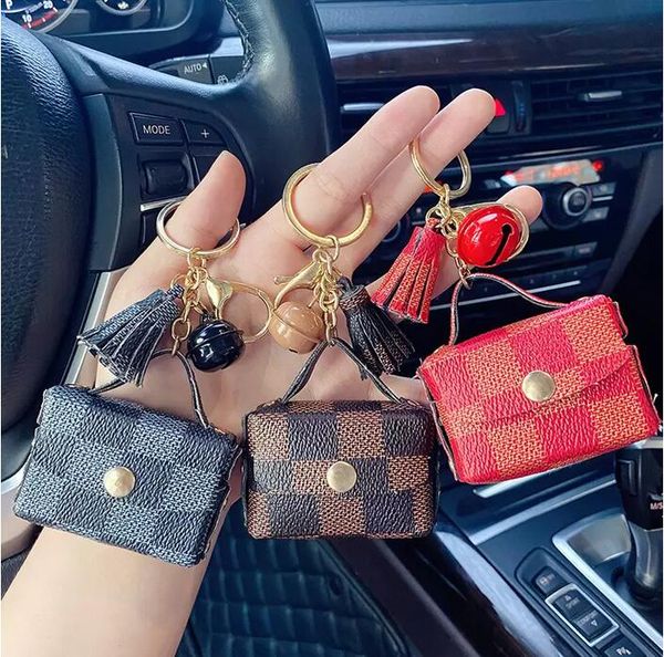 

brown grey plaid keychains rings pu leather tassel headphone case car keyrings cute coin bag pendant charms fashion jewelry for women men, Slivery;golden