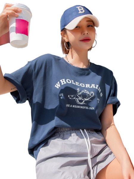 

dazy slogan & cup print drop shoulder tee x6po#, White