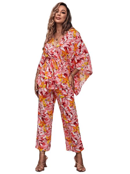 

floral print batwing sleeve belted blouse & wide leg pants w2xl#, White