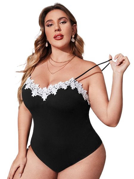 

plus contrast guipure lace cami bodysuit i88f#, Black