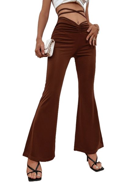 

crisscross tie back flare leg pants m5mg#, Black;white
