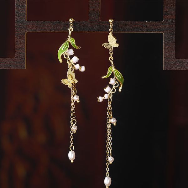 

butterfly lily of the valley earrings women's s 925 silver needle mori series fresh super immortal thin advanced sense, Golden;silver