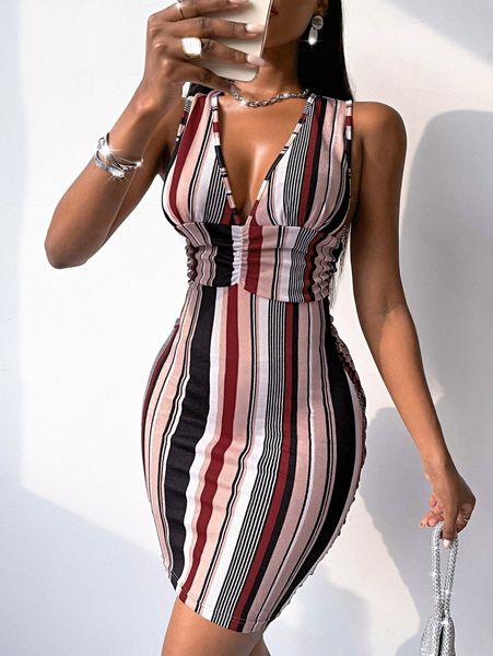 

striped criss cross back bodycon dress z86f#, Black;gray