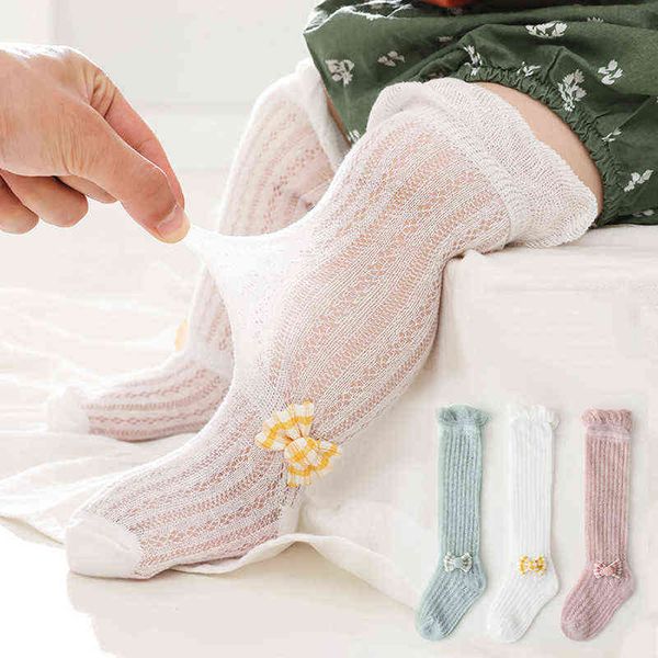 

summer baby girls socks toddlers bow long sock kids knee high soft cotton mesh cute style children years breathable socks j220621, Pink;yellow