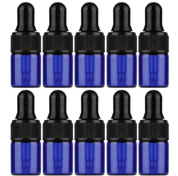 500 Stück Mini-Tropfflaschen aus blauem Glas mit schwarzer Kappe, ätherisches Öl, Parfüm und Flüssigkeit, Probenflasche, 2 ml, 3 ml, nachfüllbare Fläschchen SN
