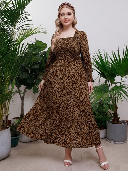 

plus leopard print shirred lantern sleeve ruffle hem dress n94g#, Black