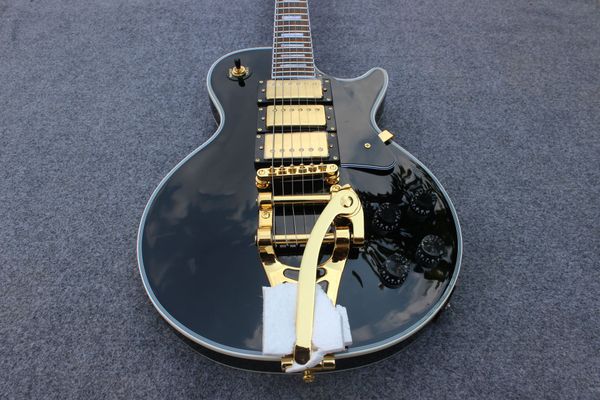 

custom black lp electric guitar body mahogany gold hardware 3 pickups big tremolo