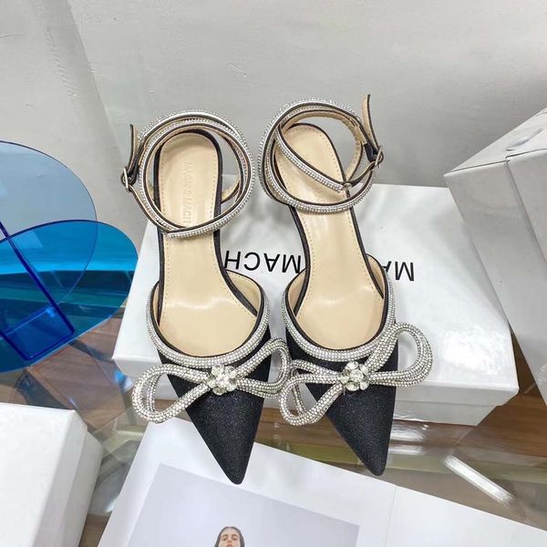 

high heel covered head flat sandals single shoes designer heels women summer new style pointed rhinestone bow tie cross strap satin french m, Black
