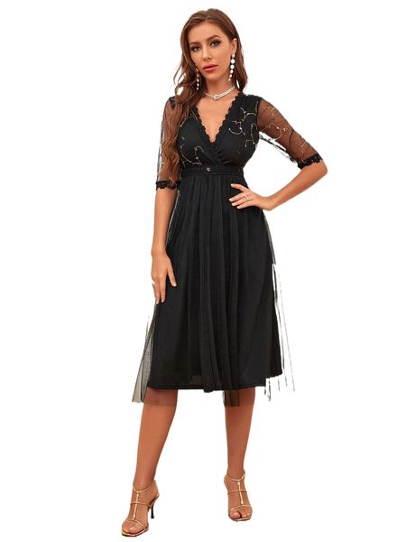 

floral embroidery cross wrap mesh panel dress b5jv#, Black;gray