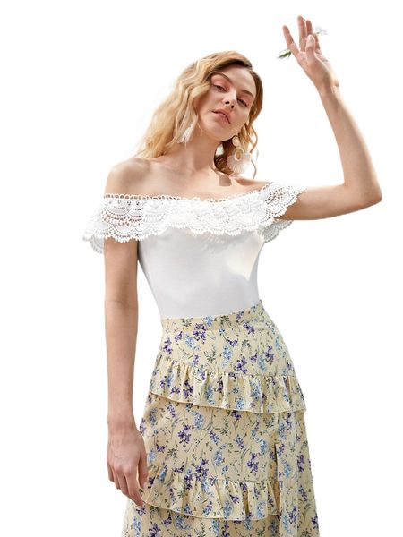 

contrast guipure lace off shoulder tee y7gj#, White