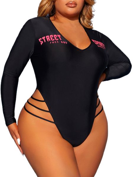 

sxy plus letter graphic ladder cut bodysuit 12yx#, Black