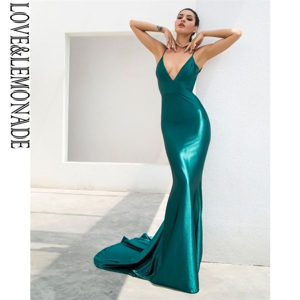 LOVELEMONADE Verde Profundo Decote Em V Aberto Costas Slim Flash Material Maxi Vestido LM81222 220507