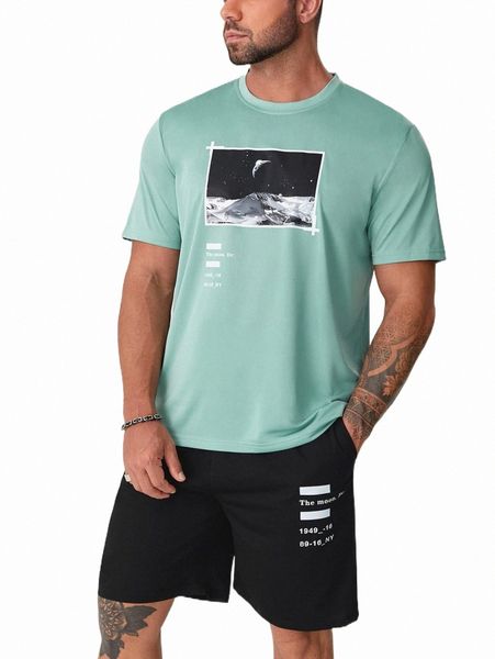 

extended sizes men letter & planet print tee & shorts a1yz#, Gray