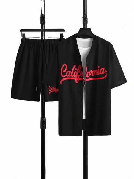 

romwe guys letter baseball neck shirt & drawstring shorts k7sn#, Gray